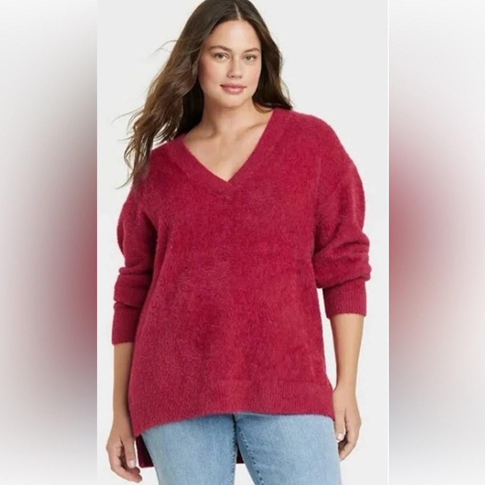 Ava & Viv | Womens Red Long Sleeve Tunic Pull Over V-Neck Sweater - Size 3X Plus